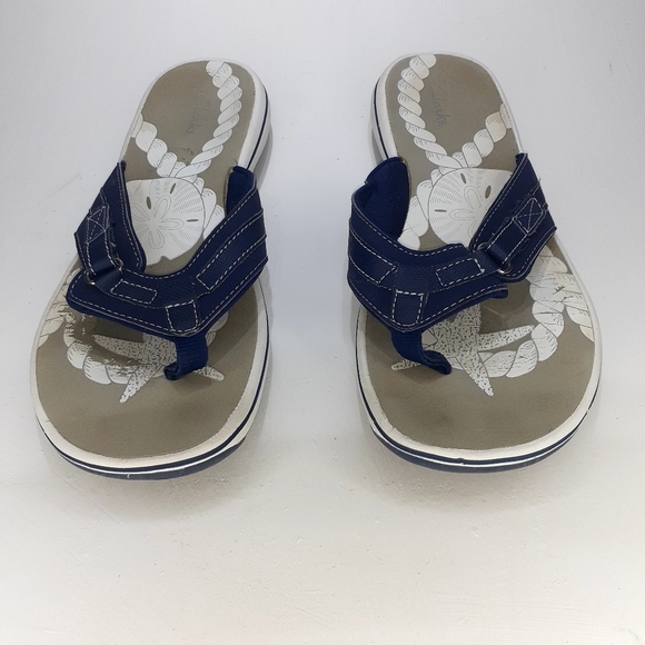 Clark Navy Leather Flip Flops Cushion Soles Sz11 - Picture 9 of 9